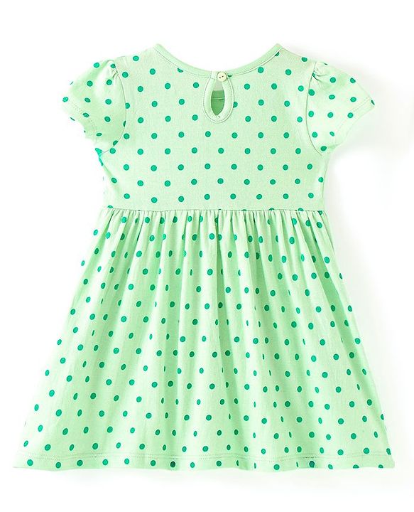 Babyhug Single Jersey Knit Half Sleeves Frock With Bloomer Polka Dot Print - Green