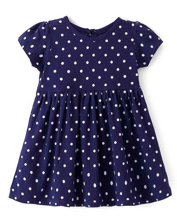 Babyhug Single Jersey Knit Half Sleeves Frock with Bloomer Polka Dots  Print - Navy Blue