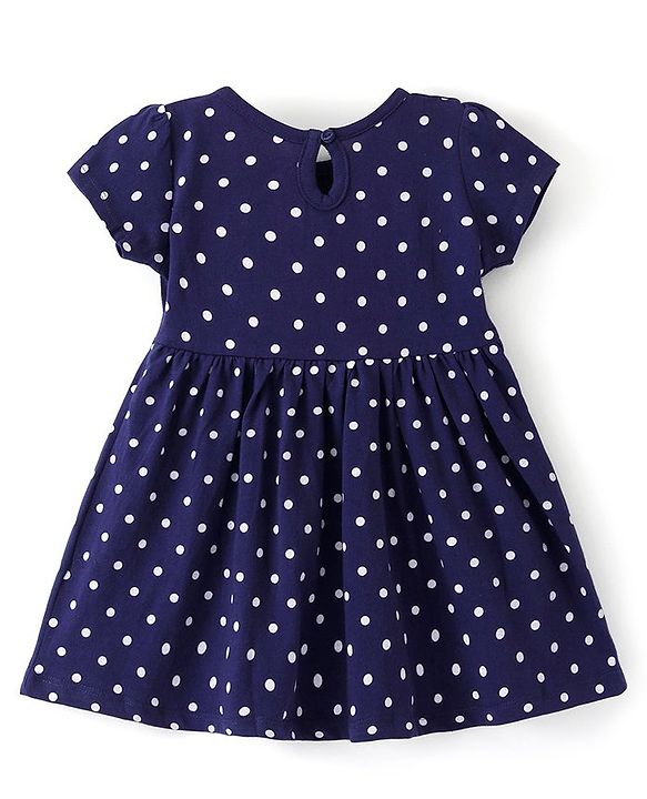 Babyhug Single Jersey Knit Half Sleeves Frock with Bloomer Polka Dots  Print - Navy Blue