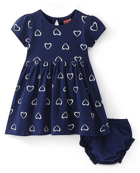 Babyhug Single Jersey Knit Half Sleeves Frock with Bloomer Heart Print - Navy Blue