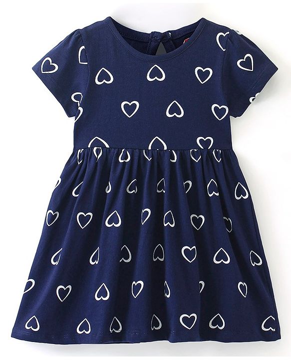 Babyhug Single Jersey Knit Half Sleeves Frock with Bloomer Heart Print - Navy Blue