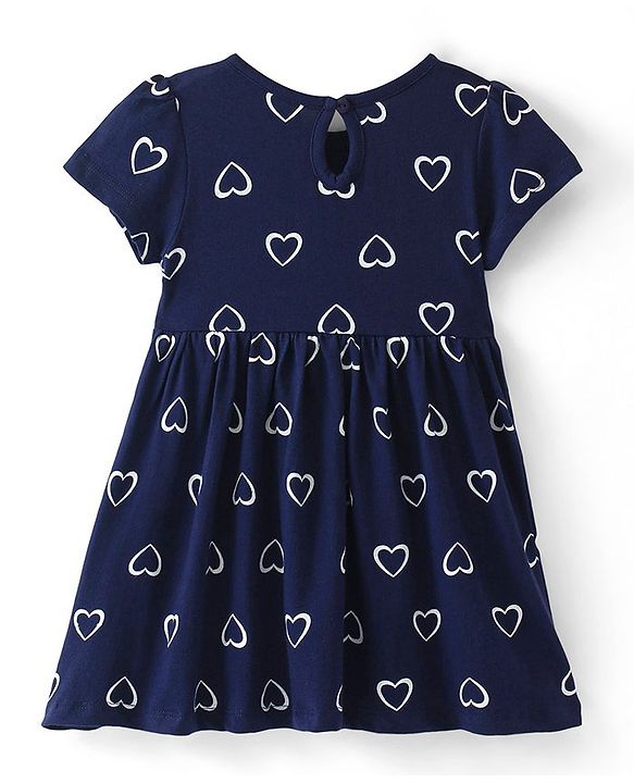 Babyhug Single Jersey Knit Half Sleeves Frock with Bloomer Heart Print - Navy Blue