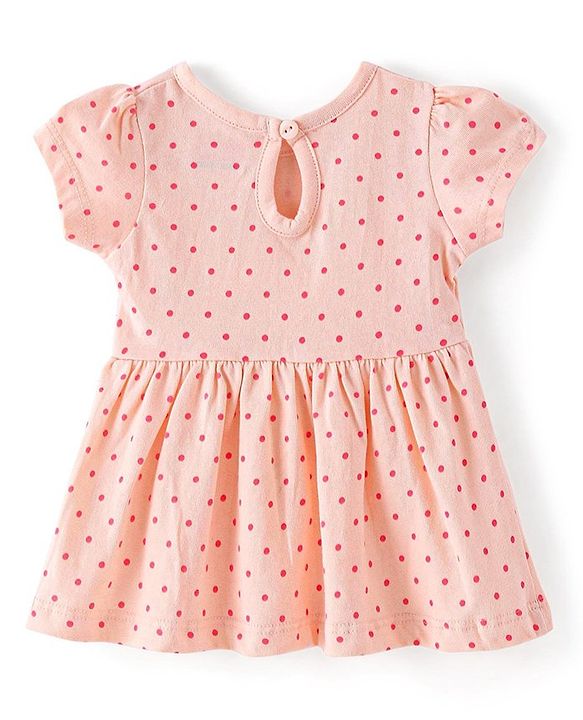Babyhug Single Jersey Knit Half Sleeves Frock with Bloomer Polka Dot Print - Peach