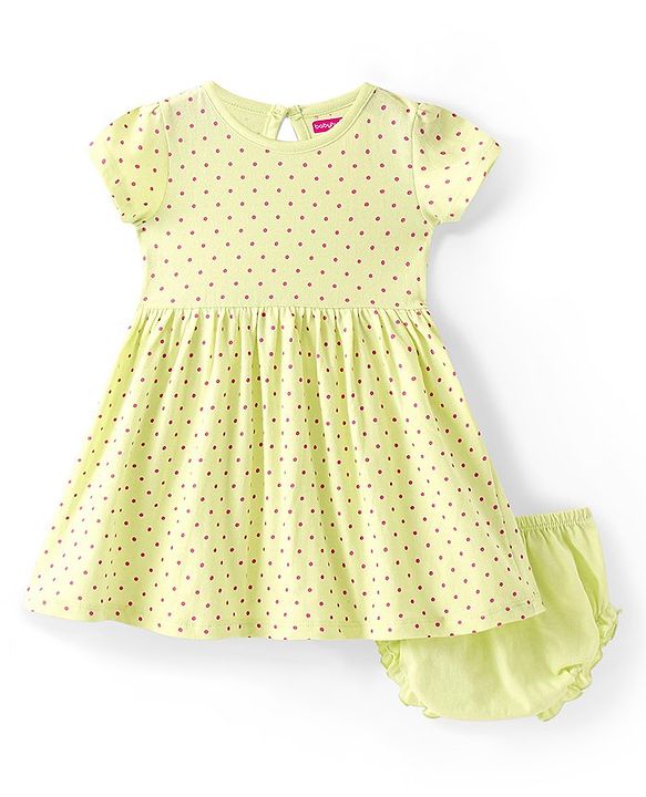 Babyhug Single Jersey Knit Half Sleeves Frock With Bloomer Polka Dot Print - Lemon
