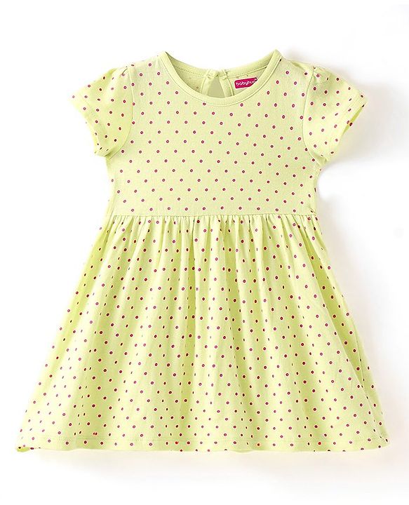 Babyhug Single Jersey Knit Half Sleeves Frock With Bloomer Polka Dot Print - Lemon