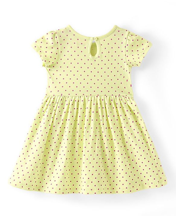 Babyhug Single Jersey Knit Half Sleeves Frock With Bloomer Polka Dot Print - Lemon