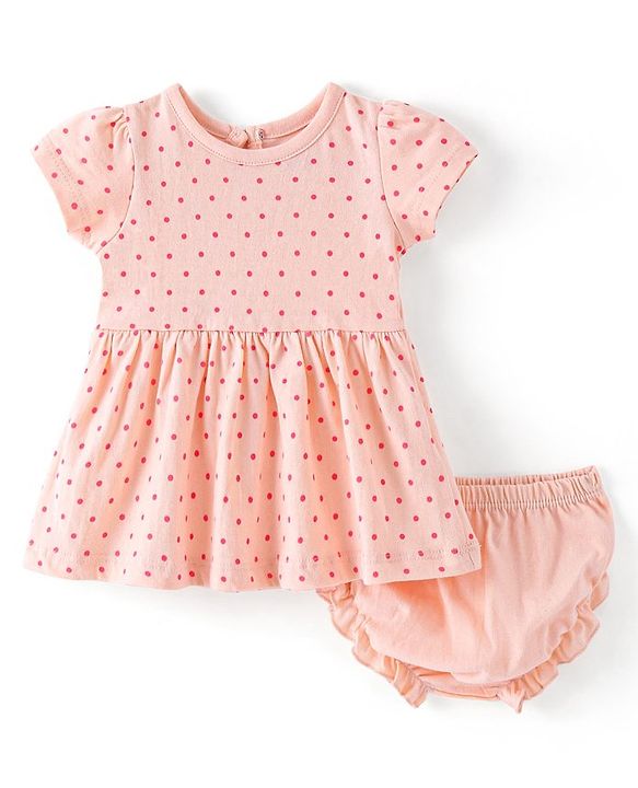 Babyhug Cotton Knit Half Sleeves Frock with Bloomer Polka Dot Print - Peach
