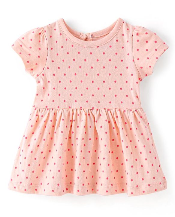 Babyhug Cotton Knit Half Sleeves Frock with Bloomer Polka Dot Print - Peach