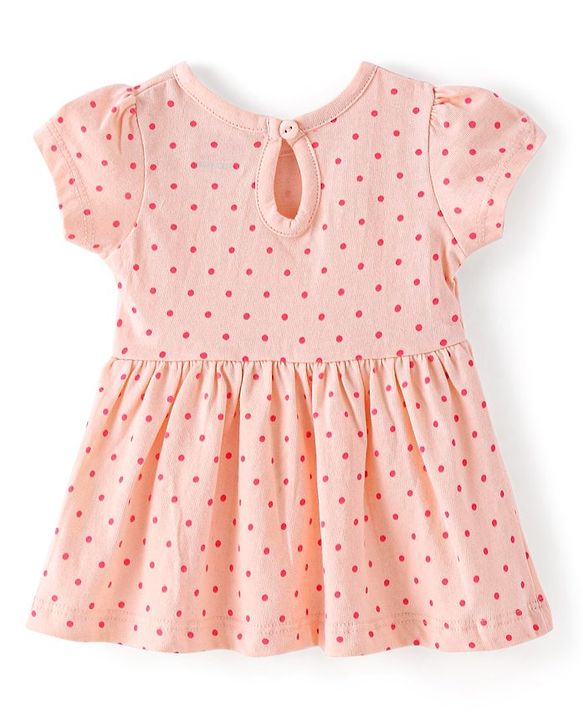 Babyhug Cotton Knit Half Sleeves Frock with Bloomer Polka Dot Print - Peach