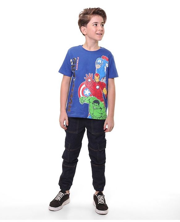 Pine Kids Marvel 100% Cotton Knit Half Sleeves T-Shirt Avengers Print - Navy Blue