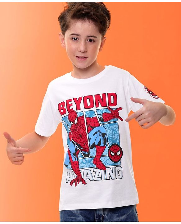 Pine Kids Marvel Cotton Knit Half Sleeves With Front & Back Spiderman Graphics T-Shirt - White