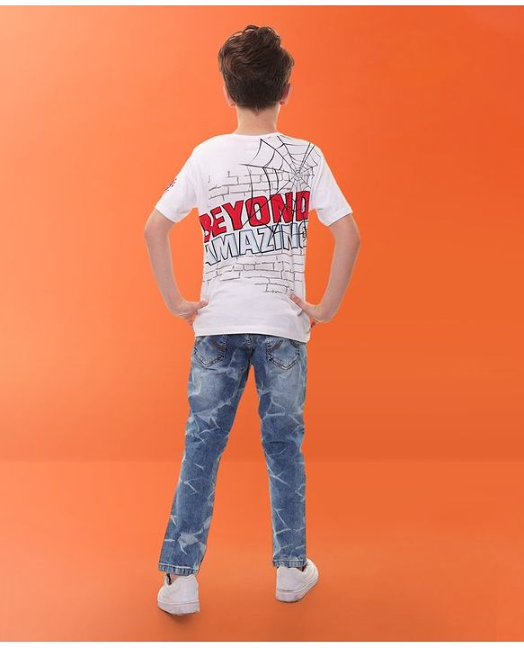 Pine Kids Marvel Cotton Knit Half Sleeves With Front & Back Spiderman Graphics T-Shirt - White