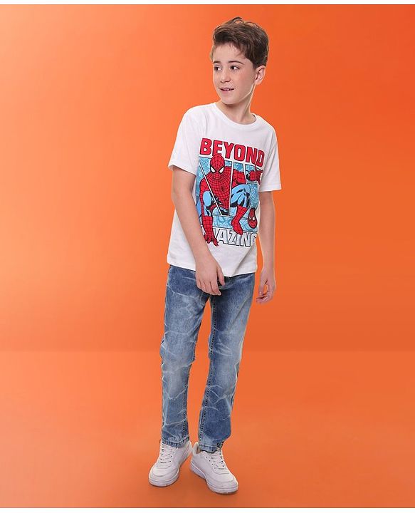 Pine Kids Marvel Cotton Knit Half Sleeves With Front & Back Spiderman Graphics T-Shirt - White