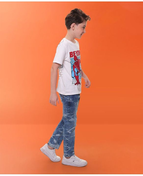 Pine Kids Marvel Cotton Knit Half Sleeves With Front & Back Spiderman Graphics T-Shirt - White