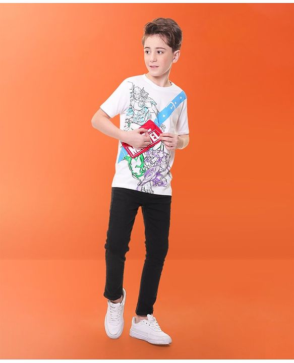 Pine Kids Marvel 100% Cotton Knit Half Sleeves T-Shirt with Fanny Bag and Avengers Graphics- White