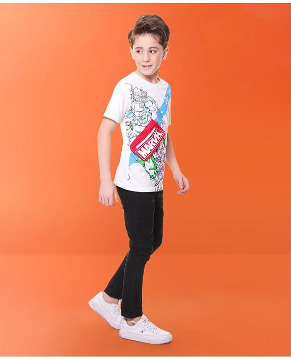 Pine Kids Marvel 100% Cotton Knit Half Sleeves T-Shirt with Fanny Bag and Avengers Graphics- White