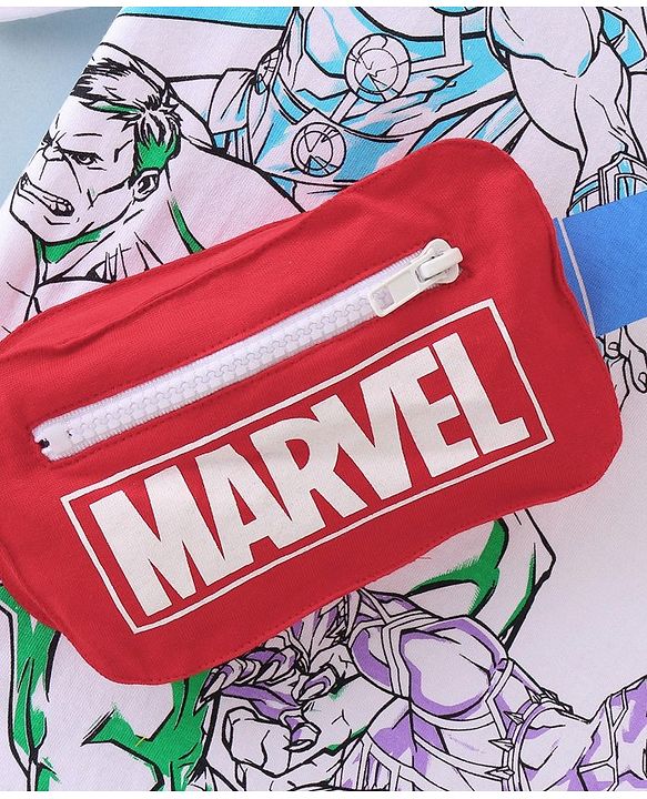 Pine Kids Marvel 100% Cotton Knit Half Sleeves T-Shirt with Fanny Bag and Avengers Graphics- White