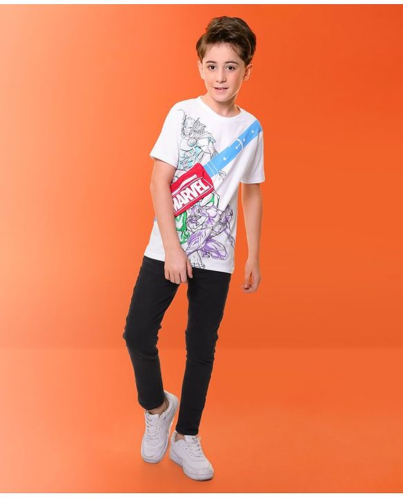 Pine Kids Marvel 100% Cotton Knit Half Sleeves T-Shirt with Fanny Bag and Avengers Graphics- White