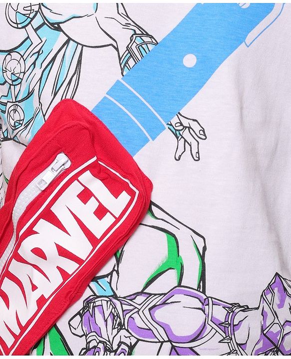 Pine Kids Marvel 100% Cotton Knit Half Sleeves T-Shirt with Fanny Bag and Avengers Graphics- White