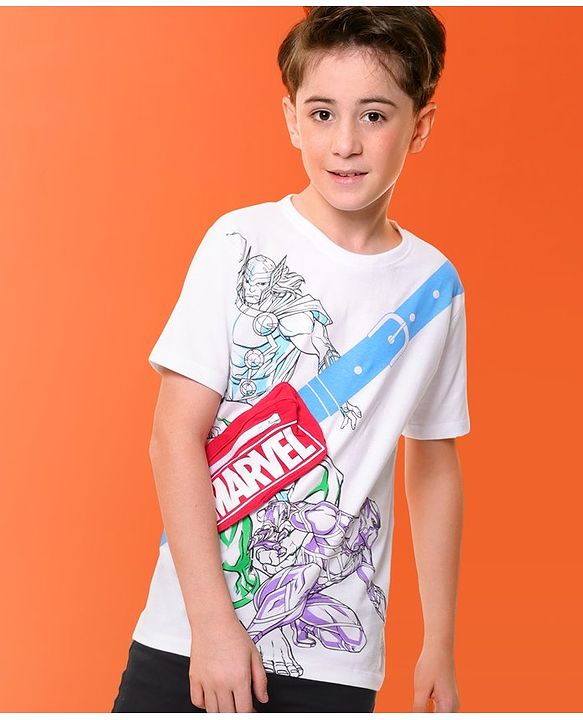 Pine Kids Marvel 100% Cotton Knit Half Sleeves T-Shirt with Fanny Bag and Avengers Graphics- White