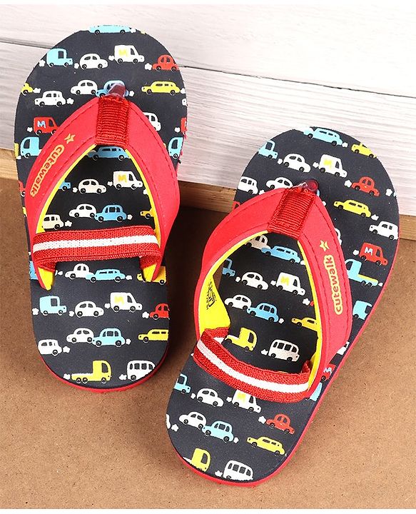 Cute Walk by Babyhug Car Printed Slip On Flip Flops with Back Strap- Blue