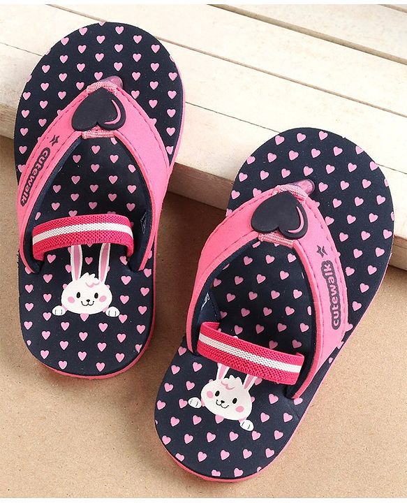 Cute Walk by Babyhug Flip Flops with Back Strap Bunny & Heart Print - Blue