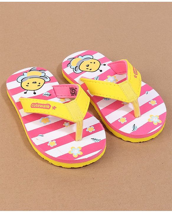 Cute Walk by Babyhug Flip Flops with Back Strap Closure Striped & Honey Bee Print - Pink