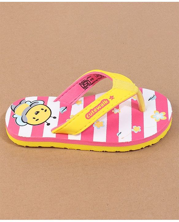 Cute Walk by Babyhug Flip Flops with Back Strap Closure Striped & Honey Bee Print - Pink
