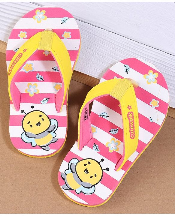 Cute Walk by Babyhug Flip Flops with Back Strap Closure Striped & Honey Bee Print - Pink