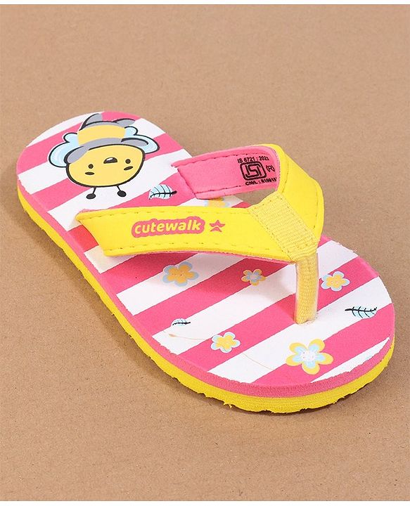 Cute Walk by Babyhug Flip Flops with Back Strap Closure Striped & Honey Bee Print - Pink