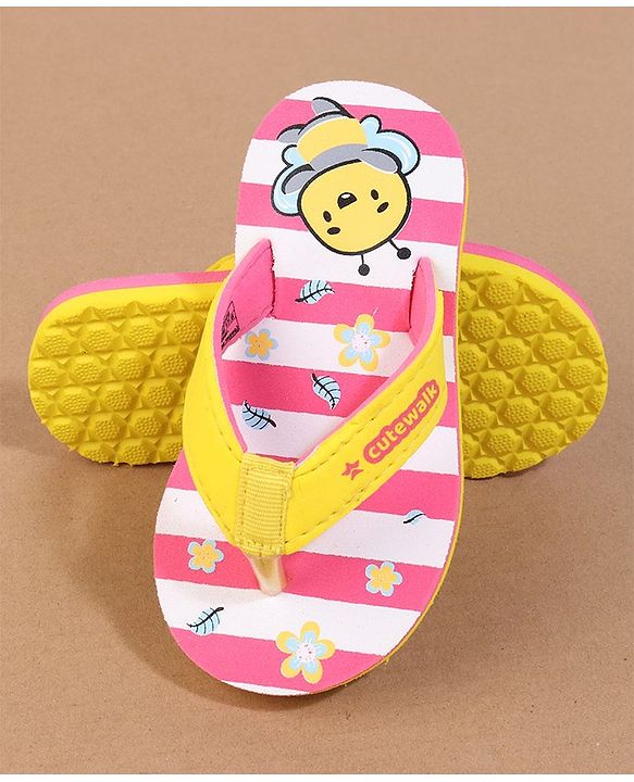Cute Walk by Babyhug Flip Flops with Back Strap Closure Striped & Honey Bee Print - Pink