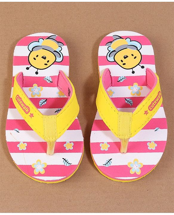 Cute Walk by Babyhug Flip Flops with Back Strap Closure Striped & Honey Bee Print - Pink