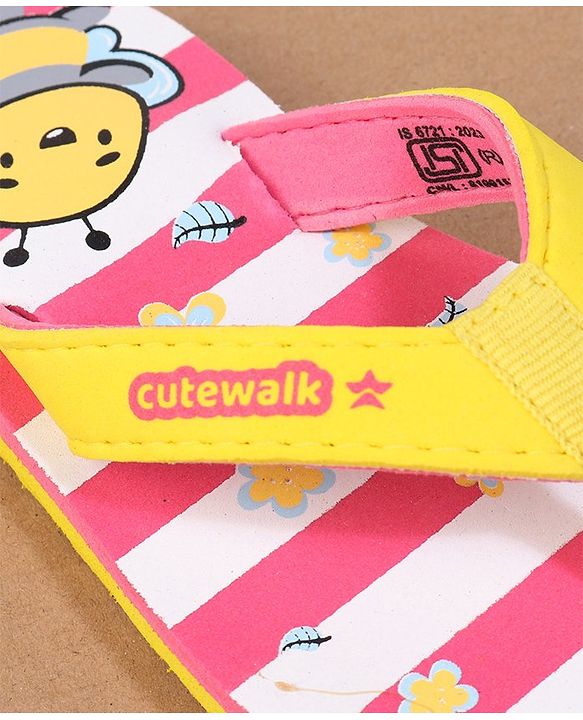 Cute Walk by Babyhug Flip Flops with Back Strap Closure Striped & Honey Bee Print - Pink