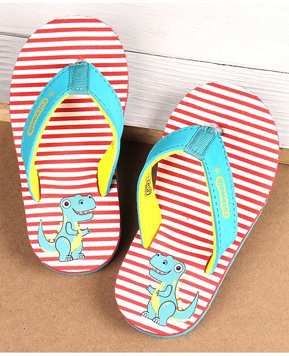 Cute Walk by Babyhug Flip Flops With Dino Print - Red & Green