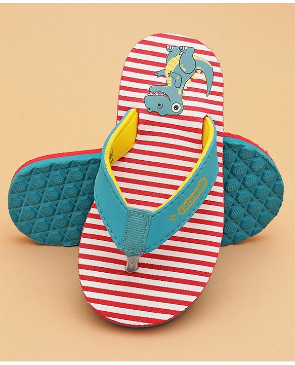 Cute Walk by Babyhug Flip Flops With Dino Print - Red & Green