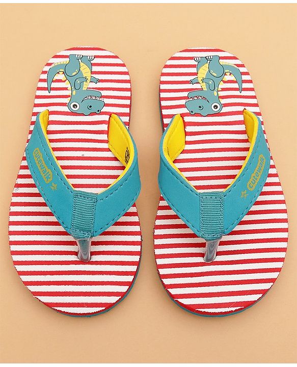 Cute Walk by Babyhug Flip Flops With Dino Print - Red & Green