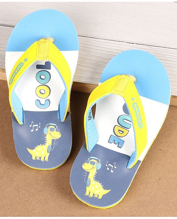 Cute Walk by Babyhug Flip Flops With Dino Print - Yellow & Blue