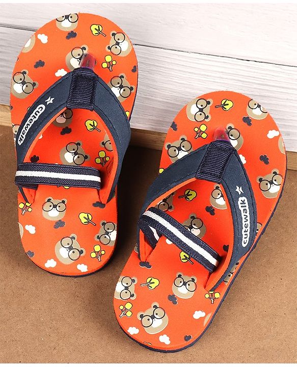 Cute Walk by Babyhug Flip Flops with Back Strap Teddy Print - Orange