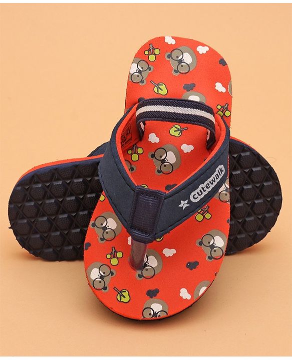 Cute Walk by Babyhug Flip Flops with Back Strap Teddy Print - Orange