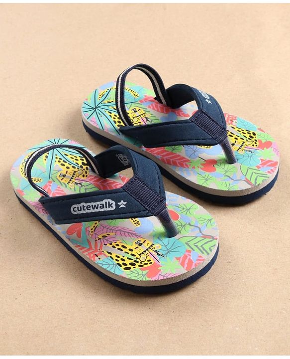 Cute Walk by Babyhug Flip Flops with Back Strap Leopard Print - Blue