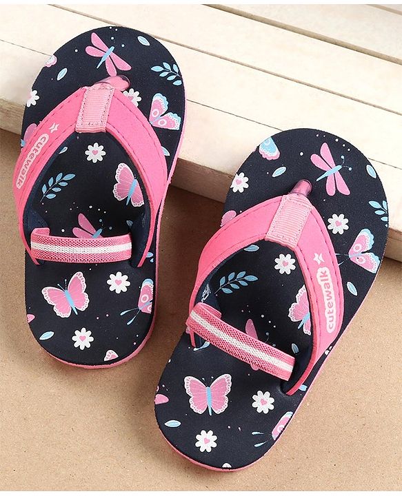 Cute Walk by Babyhug Flip Flops with Back Strap Butterfly Print - Blue
