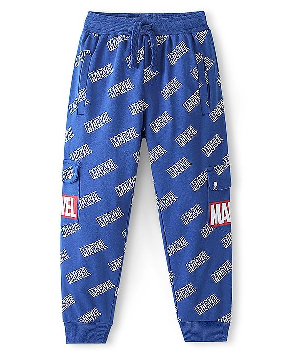 Pine Kids Marvel Cotton Looper Knit Full Length Lounge Pant Text Print - Blue
