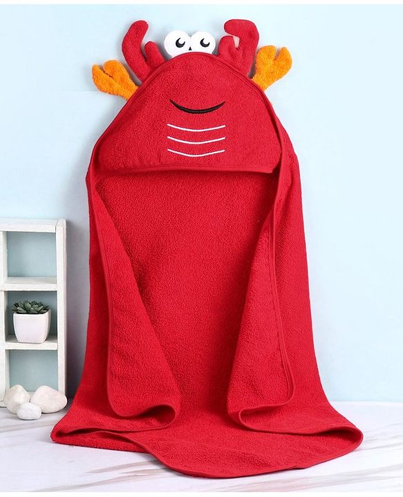Babyhug Terry Towel With Hood and Crab Applique L 76.2 x B 76.2 cm - Red