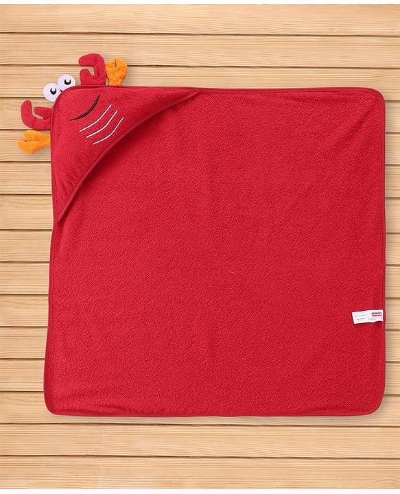 Babyhug Terry Towel With Hood and Crab Applique L 76.2 x B 76.2 cm - Red