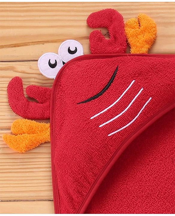 Babyhug Terry Towel With Hood and Crab Applique L 76.2 x B 76.2 cm - Red