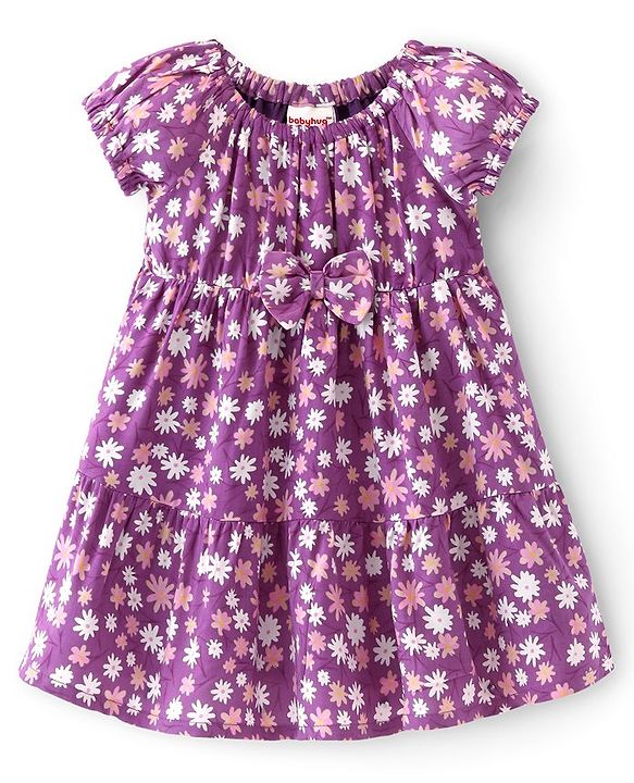 Babyhug 100% Viscose Woven Half Sleeves Frock with Floral Print & Bow Applique - Purple