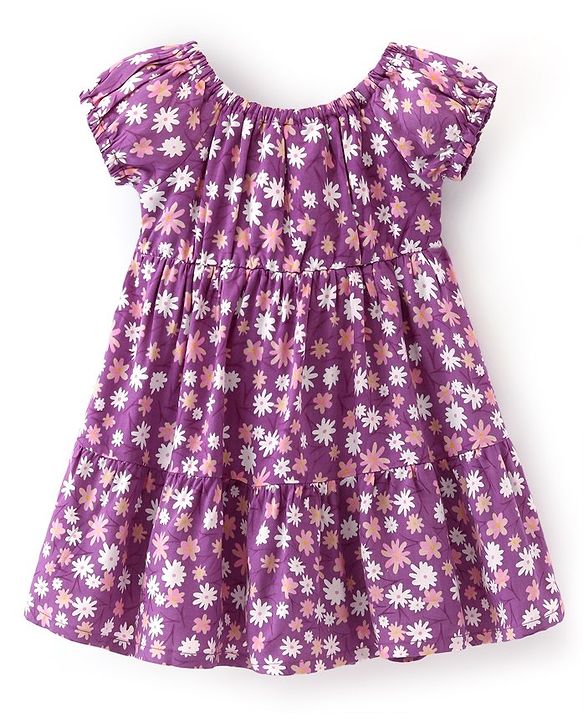 Babyhug 100% Viscose Woven Half Sleeves Frock with Floral Print & Bow Applique - Purple