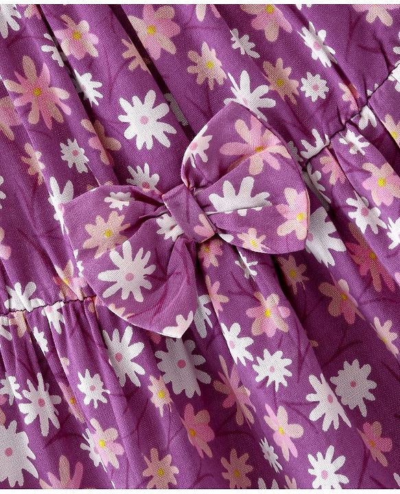Babyhug 100% Viscose Woven Half Sleeves Frock with Floral Print & Bow Applique - Purple