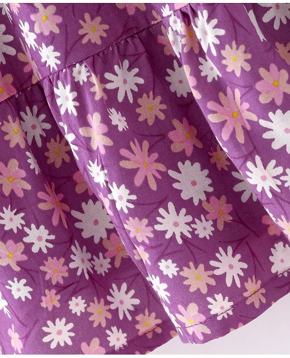Babyhug 100% Viscose Woven Half Sleeves Frock with Floral Print & Bow Applique - Purple