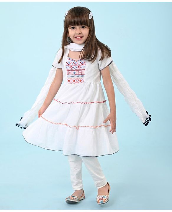 Babyhug Cotton Embroidered Half Sleeves Kurta & Knit Churidar Set With Crush Dupatta - White